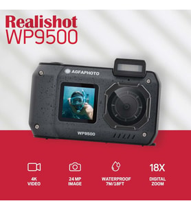 Realishot WP9500 - Su Geçirmez Dijital Kamera, 7 m Su Geçirmez, 24 MP, Zoom 18X, 4K Video, 2,9 inç / 1,4 inç Çift Ekran - Siyah