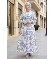 Zerya Desenli Keten Elbise 1718 - Mavi