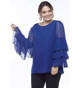 28009 Kolları Fırfırlı Büyük Beden Bluz Saks