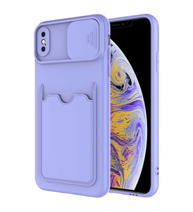Uyumlu Model Apple iPhone XS Max 6.5 Kılıf Kartlıklı Lens Kapatmalı Kapak (Lila)