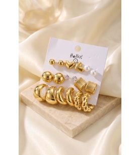 Gold Renk Metalik Kaplamalı Karışık Model Detaylı CCB 9 Çift Küpe Seti TJ-BKP12106