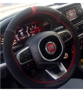 Fiat Doblo 2010> Direksiyon Kılıfı Dikmeli Alkantara-Karbon Kırmızı Yüzüklü
