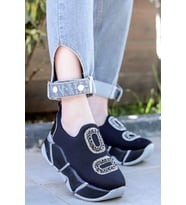 Almendra Siyah Platin Streç Taş Detaylı Kadın Spor Ayakkabı Soft Sole (Siyah - Gümüş)