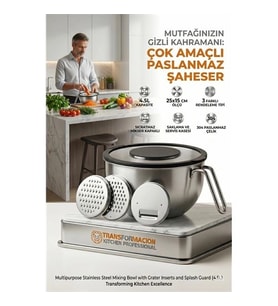 Çok Amaçlı Rendeli Paslanmaz Çelik Karıştırma Kabı - Sıçratmaz Mikser Kapağı Saklama Kasesi 4.5L 72