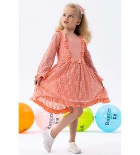 Breeze Kız Çocuk Uzun Kollu Elbise Dantelli Fiyonklu 2-6 Yaş, Somon
