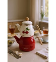 Bambum Unique - Bambu Kulplu Emaye Çaydanlık Takımı Cherry