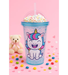Unicorn Temalı Suluk Pipetli Buzlu Cam Görünümlü 450 ML Çift Katman Mika Su Şişesi 2646 Mavi