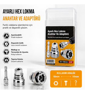 Ayarlı Hex Lokma Anahtar ve Matkap Adaptörü (10-19mm 3/8 Inc )