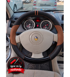 Renault Megane 2 Dikme Direksiyon Kılıfı Delikli Deri Parlak Siyah Taba Detay Çift Yüzük ve Dikiş 2002-2010