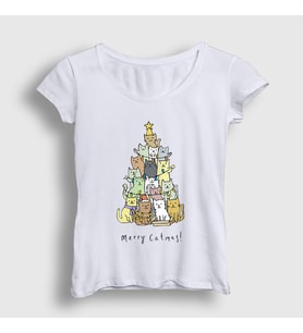 Presmono Kadın Beyaz Merry Catmas Kediler Yılbaşı T-Shirt 270111tt (Beyaz)