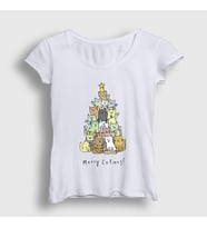 Presmono Kadın Beyaz Merry Catmas Kediler Yılbaşı T-Shirt 270111tt (Beyaz)