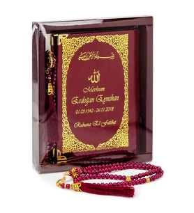 50 ADET - İsim Baskılı Ciltli Yasin Kitabı - Çanta Boy - 128 Sayfa - Kutulu - Vavlı İnci Tesbih - Bordo Renk - Hediyelik Set