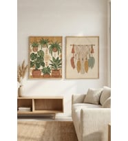 Boho Bitki & Makrome Desenli 2’li Ahşap Çerçeveli Tablo Seti