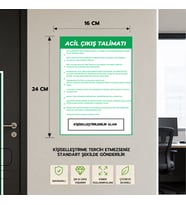 6 Adet Acil Çıkış Talimatı Yapışkanlı Sticker Levha, 16x24, 20x30 (A4), 30x42 (A3) Cm Boyut Seçeneklerinde Folyo Baskı Sticker Kişiselleştiirlebilir Levha