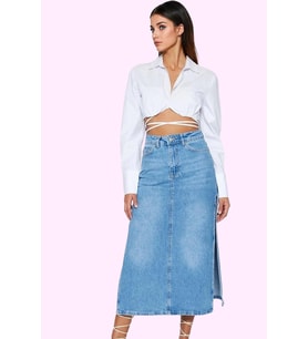 Kadın Maxi Denim Etek Yüksek Bel Kalem Kalıp Pamuklu Günlük Şıklık Yaz Aylarının Vazgeçilmezi (Açık Mavi)