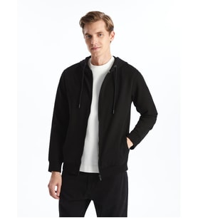 LCWAIKIKI Basic Siyah Kapüşonlu Basic Erkek Fermuarlı Sweatshirt