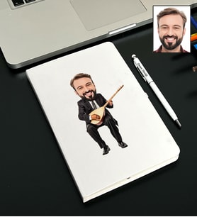 Kişiye Özel Bağlama Tasarımlı Karikatürlü Beyaz Defter Kalem Seti 107