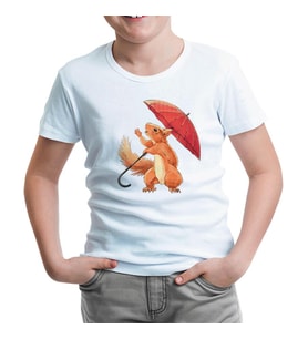 Cute Squirrel Holding an Umbrella Beyaz Çocuk Tshirt