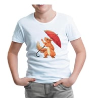 Cute Squirrel Holding an Umbrella Beyaz Çocuk Tshirt