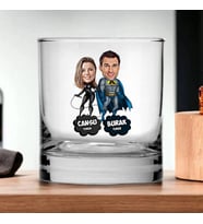 Kişiye Özel Kahraman Sevgililer Karikatürlü Viski Kadehi
