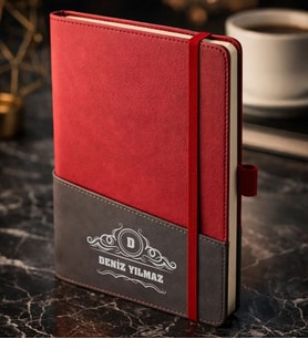 BK Gift Kişiye Özel Kırmızı Termo Deri Defter -15, Kartvizit Bölmeli, Çizgili Ivory Kağıt