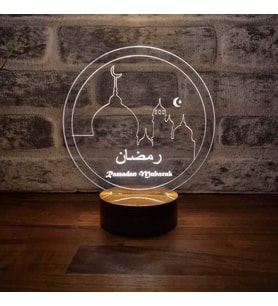Ramadan Mubarak Figürlü Dekoratif Hediye Led Masa Lambası 7 Işık Rengi Ahşap Taban (Sarı)