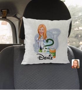 BK Gift Kişiye Özel İsimli Kadın Eczacı Karikatürlü Kare Araç Koltuk Yastığı-2