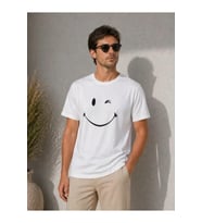 Erkek Minimal Gülümseyen Yüz Baskılı Tişört Kısa Kol Yazlık T-Shirt - Beyaz