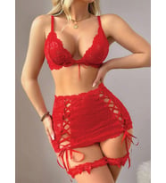 civetta Şık Tasarım Kırmızı Transparan Dantel İşlemeli İp Detaylı Fantezi Etekli Sütyen Takımı
