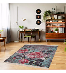 Patchwork Gül Desenli Dijital Baskı Yıkanabilir Kaymaz Taban Modern Salon Halı (Gri)