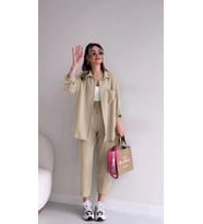 Keten Günlük İkili Takım Elbise Pantolon Gömlek (Ekru)