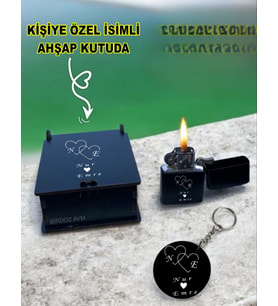 Kişiye Özel Isimli Sevgililer Günü Siyah Benzinli Çakmak Ve Anahtarlık Özel Ahşap Kutusunda