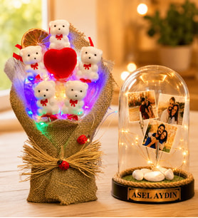 Kişiye Özel 3 Fotoğraflı Yazılı LED Fanus ve Renkli LED Işıklı Ayıcık Buketi