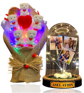 Kişiye Özel LED Işıklı 3 Fotoğraflı Yazılı Fanus & Renkli LED Işıklı Ayıcık Buketi