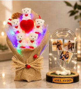 Kişiye Özel LED Işıklı 3 Fotoğraflı Yazılı Fanus & Renkli LED Işıklı Ayıcık Buketi