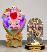 Kişiye Özel LED Işıklı 3 Fotoğraflı Yazılı Fanus & Renkli LED Işıklı Ayıcık Buketi