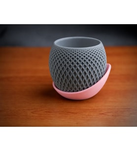 3D Baskı Küre Saksı - Kafes Dokulu İki Parçalı Dekoratif Saksı - Gri-Pembe