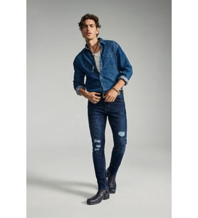 Erkek Yırtık Detay Likralı Skinny Fit Koyu Mavi Jean Pantolon