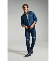 Erkek Yırtık Detay Likralı Skinny Fit Koyu Mavi Jean Pantolon