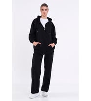 Kadın Siyah Normal Kalıp Basic Beli Lastikli Kapüşonlu Oversize Mevsimlik Alt Üst Eşofman Takımı