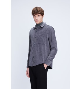 Gri Shacket Comfort Fit Uzun Kol Fitilli Kadife Gömlek