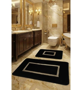2'li Ultra Lüks Deri Detaylı Banyo Paspası Seti Siyah-Gold 60x100 cm ve 50x60 cm