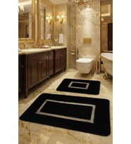 2'li Ultra Lüks Deri Detaylı Banyo Paspası Seti Siyah-Gold 60x100 cm ve 50x60 cm