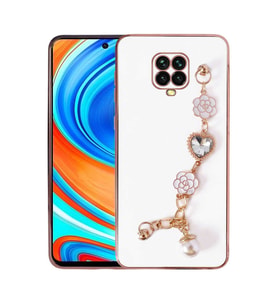 Xiaomi Redmi Note 9S Kılıf El Askılı Tutamaçlı Kamera Korumalı Renkli Gold Kenar Silikon Kapak (Beyaz)