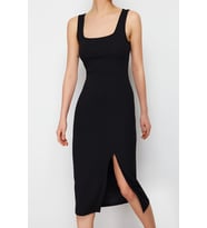 Moda Stil Slim Kare Yaka Midi Boy itted Vücuda Oturan Yırtmaçlı Esnek Örme Kalem Elbise