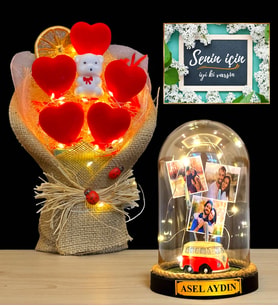 Size Özel Hediye Seti - Led Işıklı Kırmızı Kalp Buketi ve Biblolu Led Işıklı İsimli 3 Fotoğraflı Fanus (Model 6)