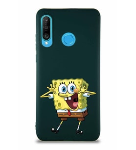Huawei P30 Lite Soft Premier Kapak Sünger Bob Tasarımlı Silikon Kılıf - Yeşil (Şeffaf)