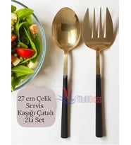 Büyük Boy Çelik Servis Kaşığı Servis Çatalı 27 cm 2Li Set, Altın
