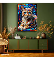 Dikey Kanvas Tablo Vitray Kedi Hayvan Tablosu Ev Ofis Duvar Dekoru