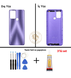 Infinix Hot 10T Mor Uyumlu Arka Kapak + Yapıştırıcı ve Vida Seti Arka Cam Batarya Pil Kapağı